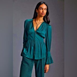 NWT By Anthropologie Deep-V Tunic Blouse Silky Green